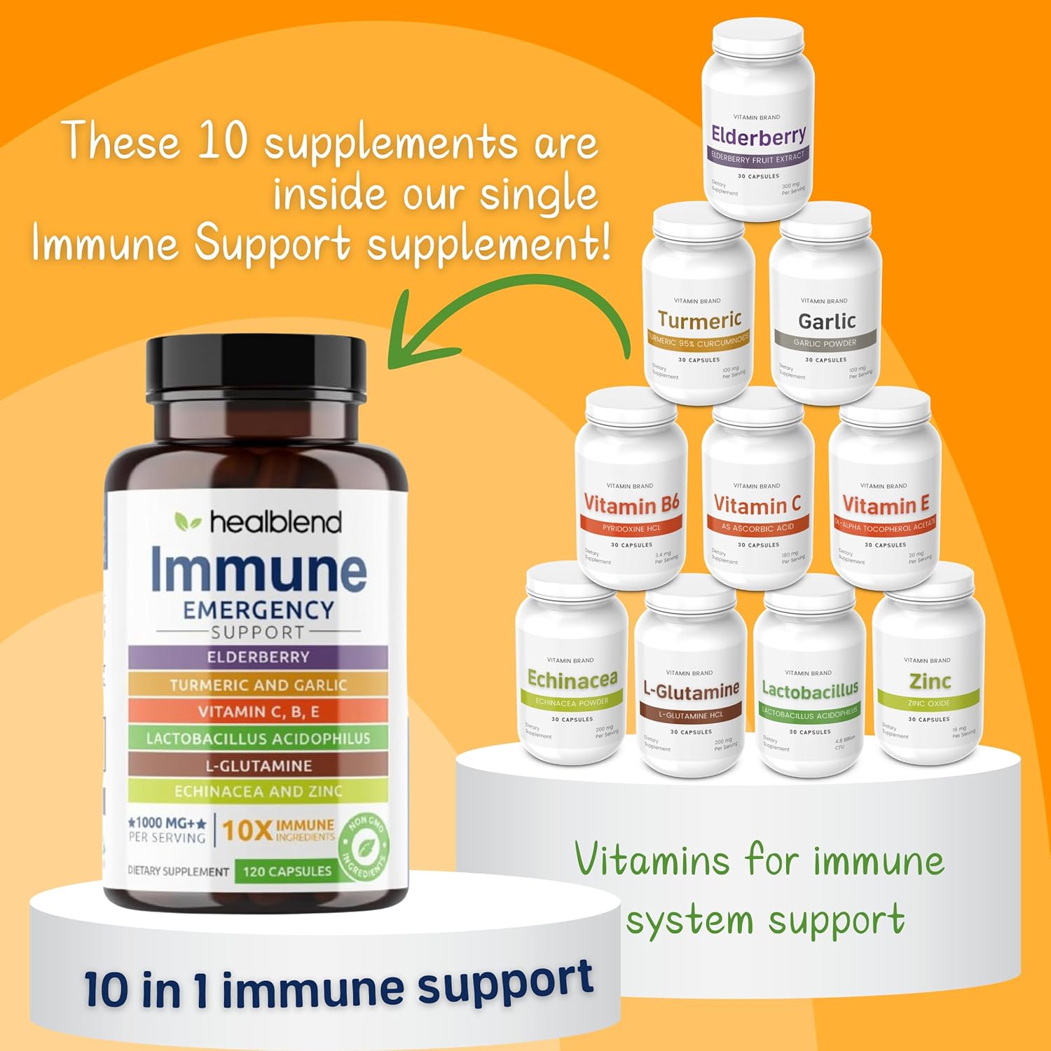 Immune Support Supplement Booster with Elderberry, Zinc, Echinacea, Turmeric, Lactobacillus Acidophilus - 10 in 1 Formula for Adults (2 Pack)