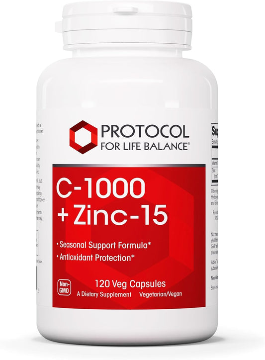 Immune Support Supplement: Protocol C-1000 + Zinc-15 - Vitamin C & Zinc Bisglycinate - Antioxidants - 120 Veg Capsules