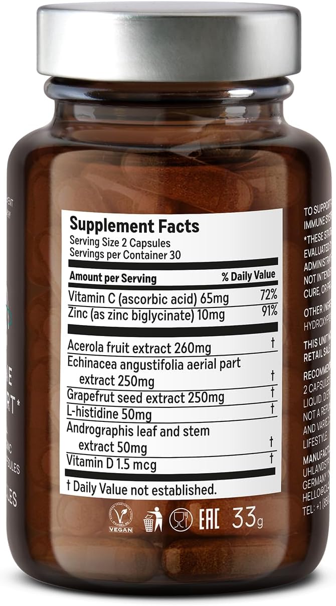 Immune Support Supplement with Echinacea, Vitamin C, Zinc, Andrographis - Vegan Immunity Boost - 60 Capsules