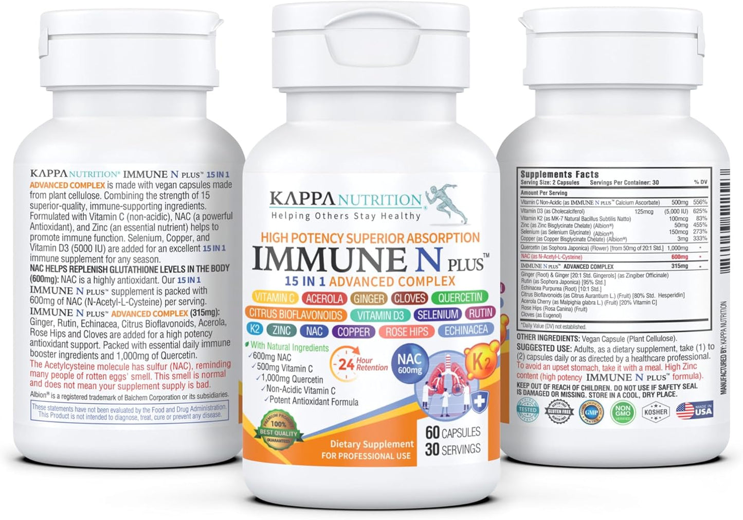 Immune Support Supplement with NAC, Quercetin, Vitamin C, Zinc, D3, Selenium, Copper, Acerola, and More - 60 Capsules