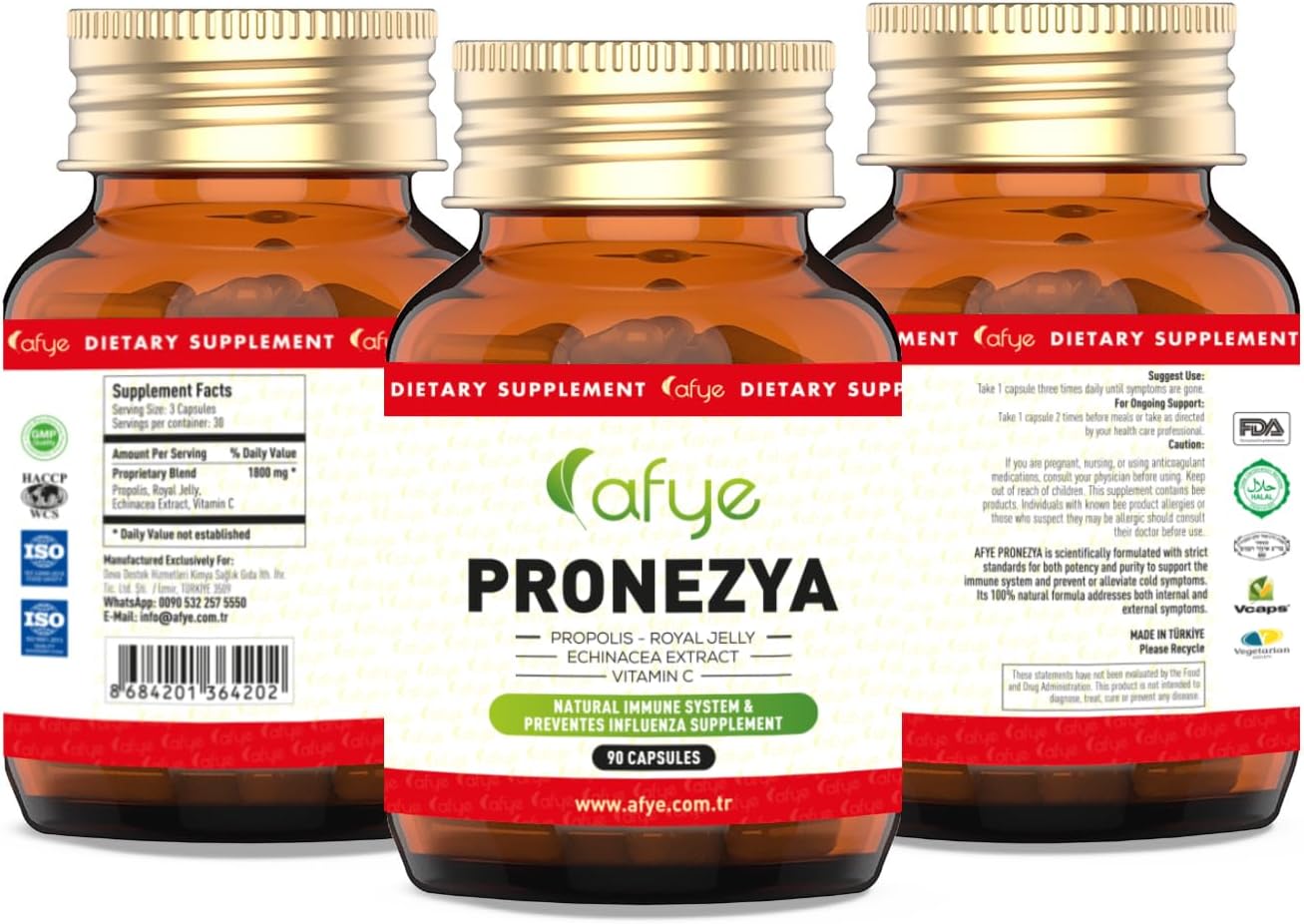 Immune Support Supplement with Propolis, Royal Jelly, Echinacea, Vitamin C - Enhance Health with Plant-Based Capsules - 90 Count