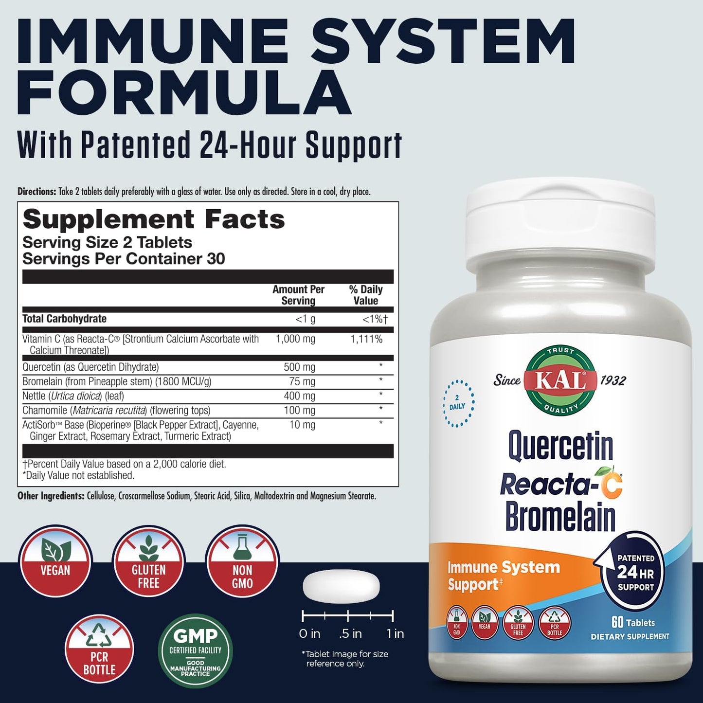 Immune Support Supplement with Quercetin, Vitamin C, and Bromelain - Vegan, Gluten Free, 60 Tablets - 30 Servings, 24 Hour Defense