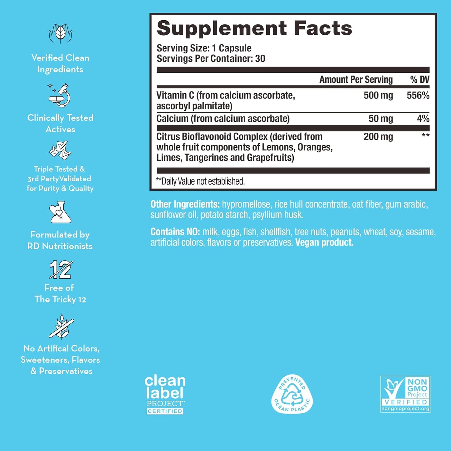 Immune Support Supplement with Vitamin C & Citrus Bioflavonoids - Promotes Healthy Skin, Lung Health, and Immune Function - 30 Vegan Capsules