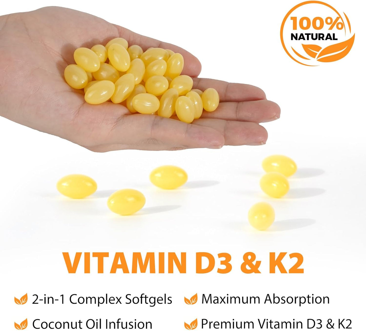 Immune Support Vitamin D3 K2 Softgels with Coconut Oil, 120 Supplements, 10000 IU, D3 K2 Supplement
