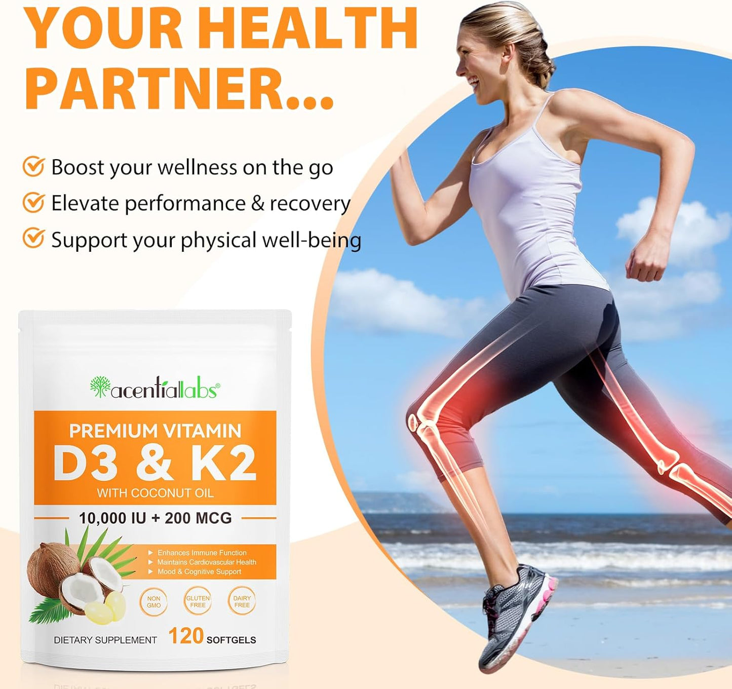 Immune Support Vitamin D3 K2 Softgels with Coconut Oil, 120 Supplements, 10000 IU, D3 K2 Supplement