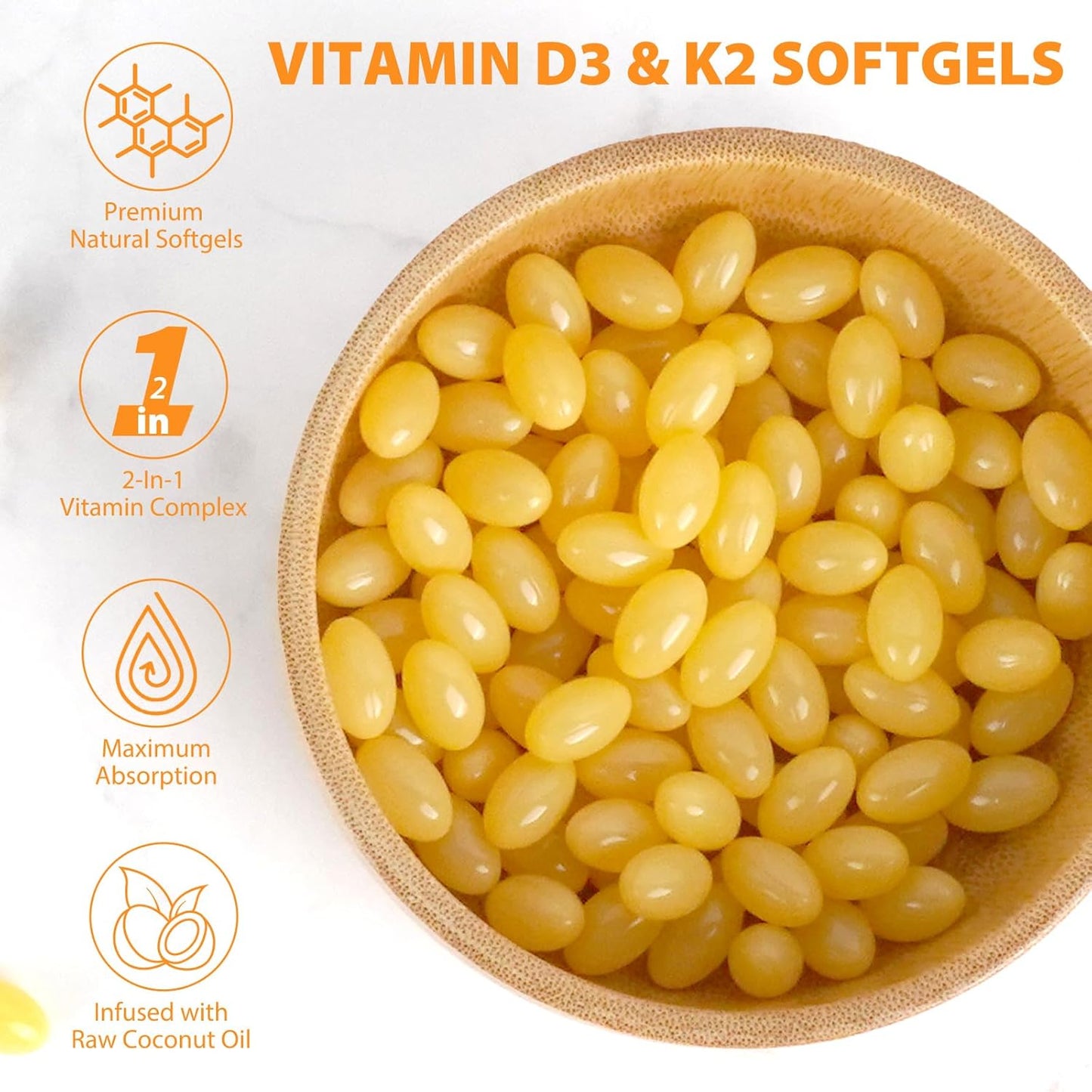 Immune Support Vitamin D3 K2 Softgels with Coconut Oil, 120 Supplements, 10000 IU, D3 K2 Supplement