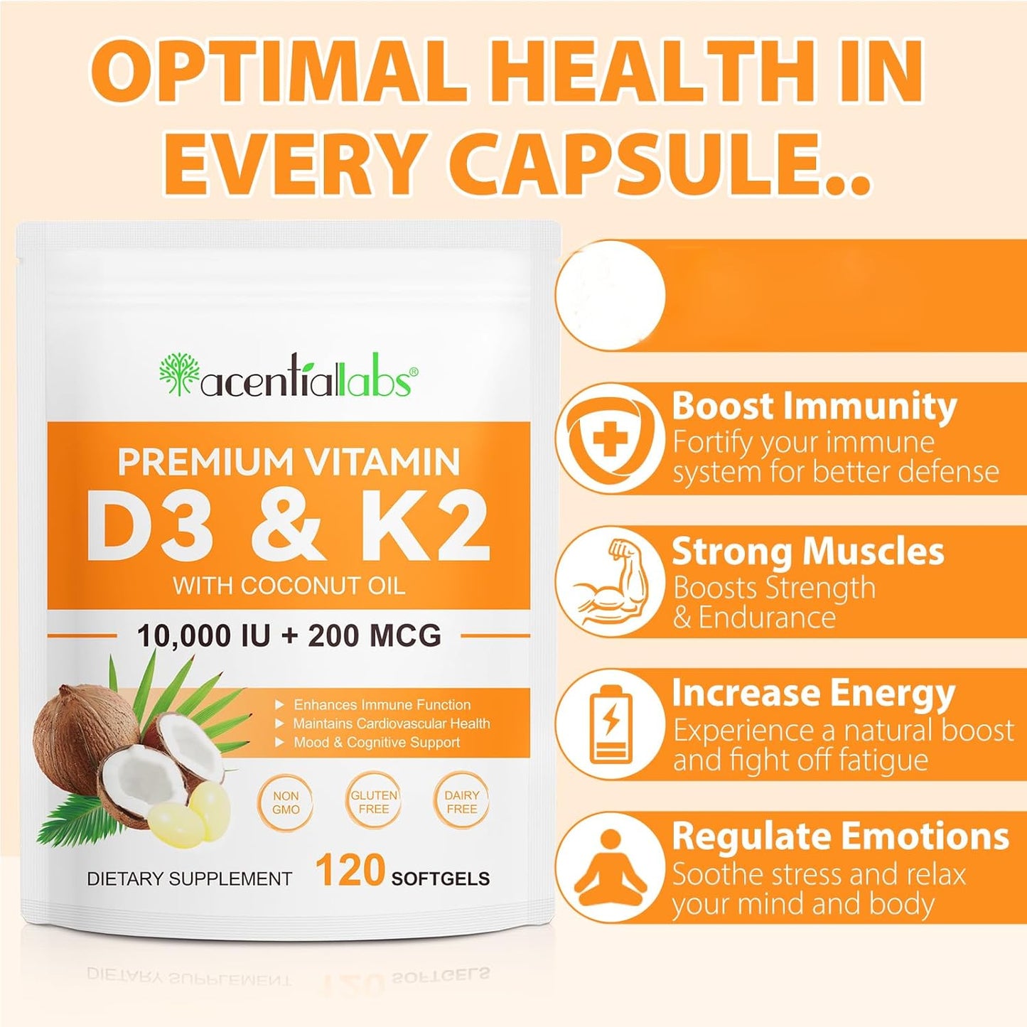 Immune Support Vitamin D3 K2 Softgels with Coconut Oil, 120 Supplements, 10000 IU, D3 K2 Supplement
