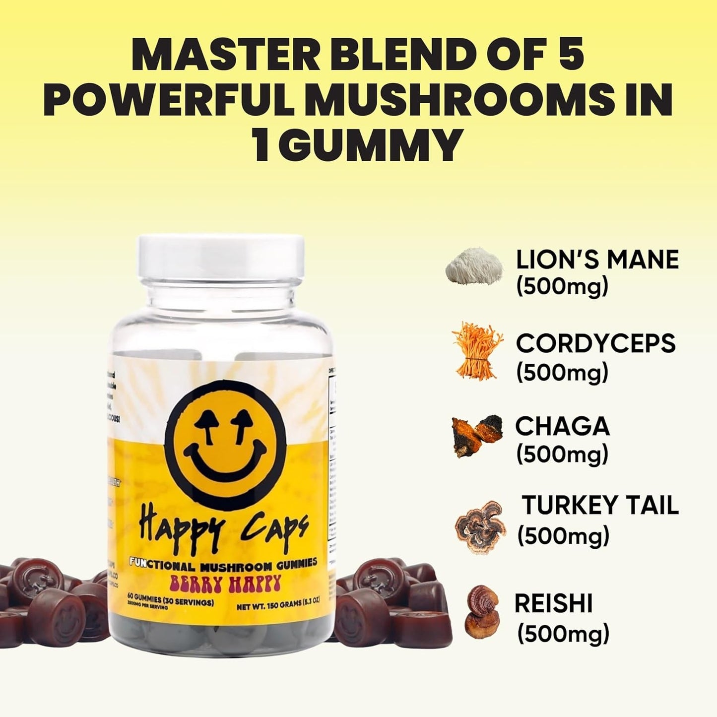 Immune System Boosting Mushroom Gummies - Lions Mane, Cordyceps, Chaga, Reishi - Nootropic Brain Supplement - 60 Gummies
