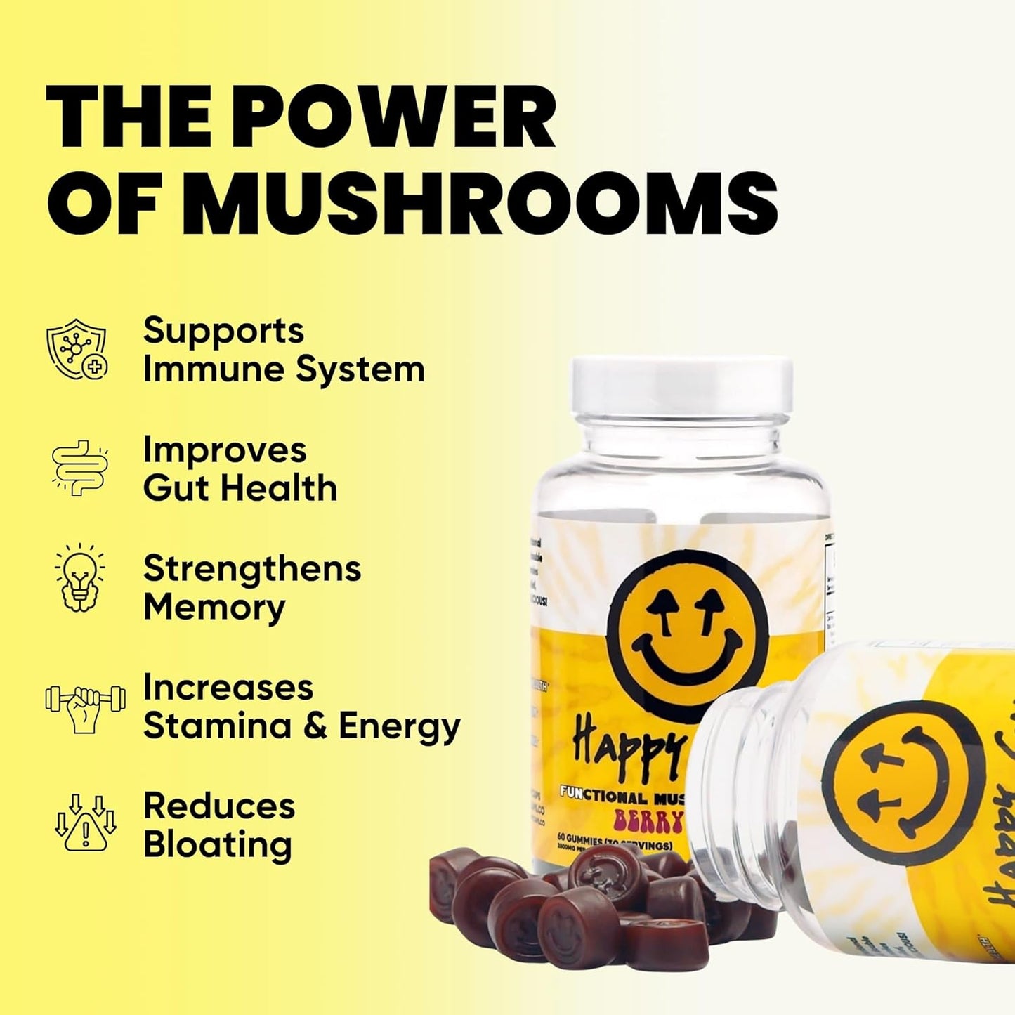 Immune System Boosting Mushroom Gummies - Lions Mane, Cordyceps, Chaga, Reishi - Nootropic Brain Supplement - 60 Gummies