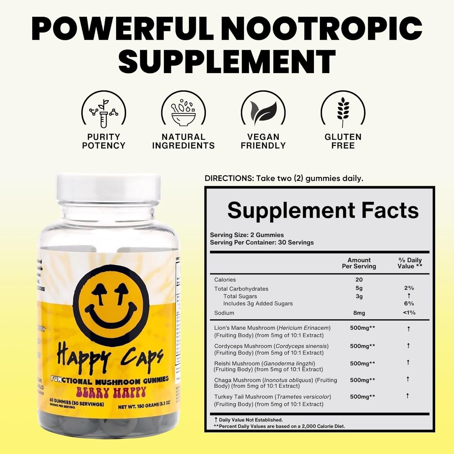 Immune System Boosting Mushroom Gummies - Lions Mane, Cordyceps, Chaga, Reishi - Nootropic Brain Supplement - 60 Gummies