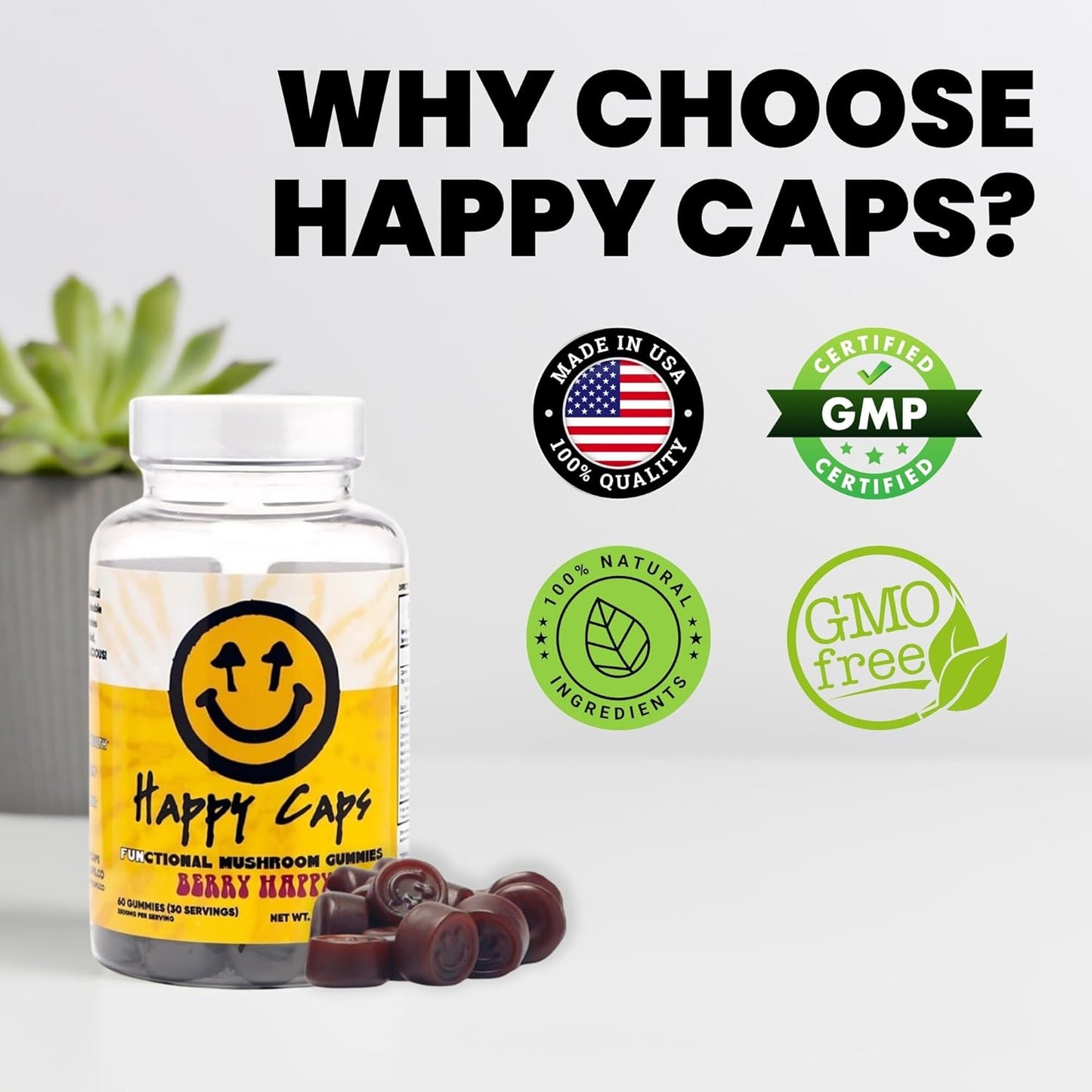 Immune System Boosting Mushroom Gummies - Lions Mane, Cordyceps, Chaga, Reishi - Nootropic Brain Supplement - 60 Gummies