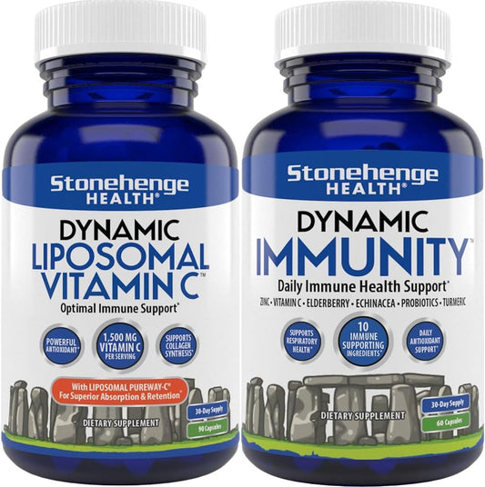 Immune System Support Bundle: Stonehenge Health Liposomal Vitamin C + Dynamic Immunity Supplements for Collagen and Brain Health