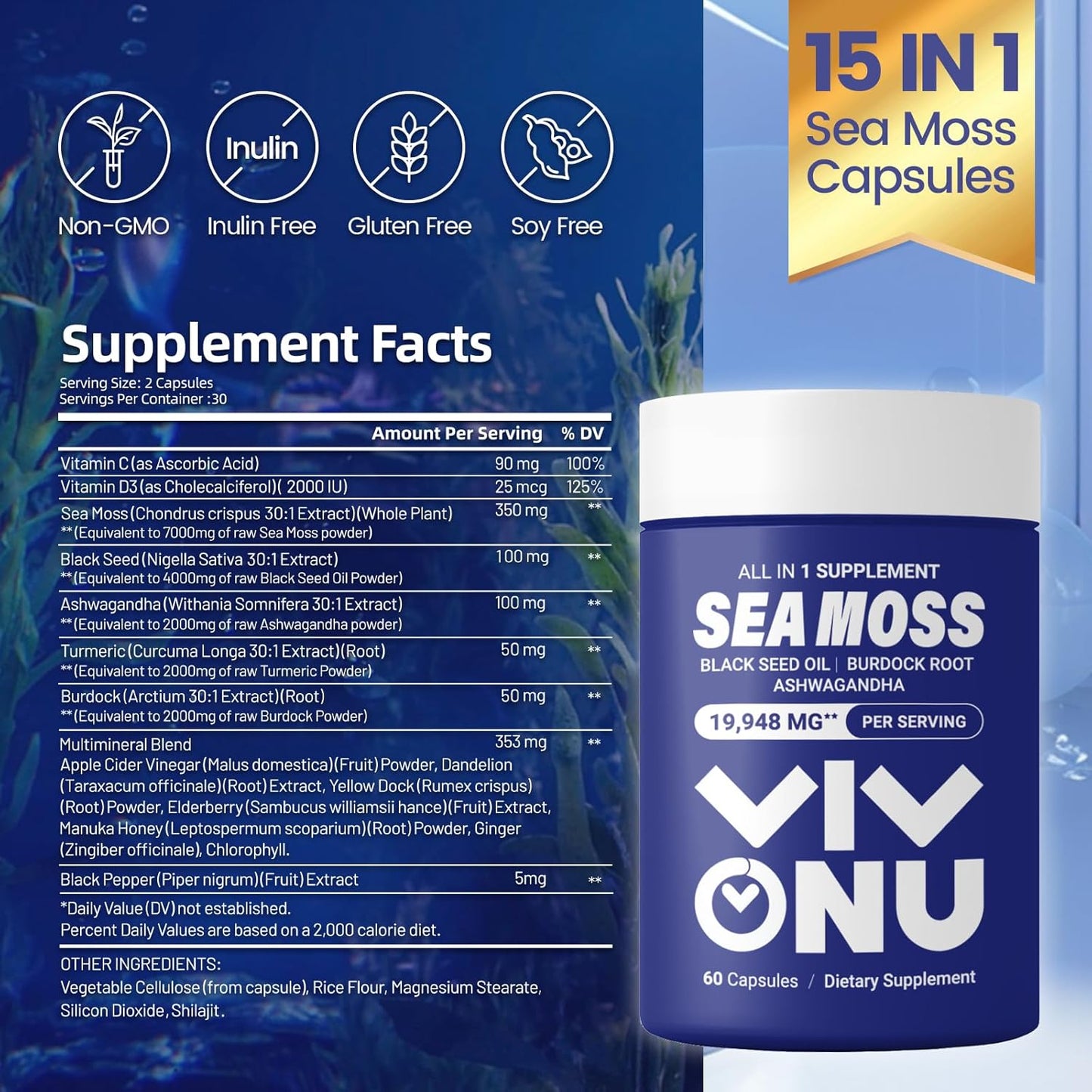 Immune System Support Capsules with Sea Moss, Black Seed Oil, Ashwagandha, and More