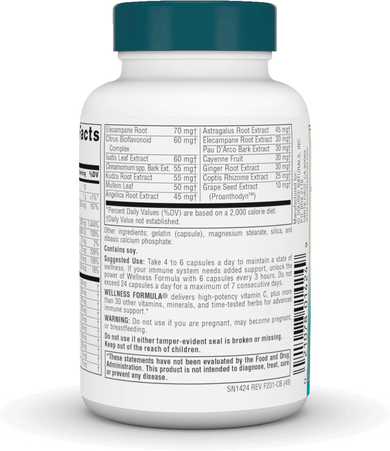 Immune System Support Dietary Supplement - Source Naturals Wellness Formula Bio-Aligned Vitamins & Herbal Defense - 60 Capsules