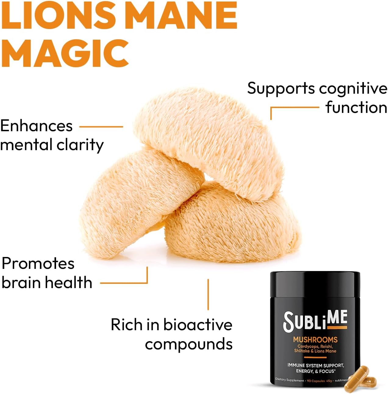 Immune System Support Dietary Supplement with Cordyceps, Reishi, Shiitake & Lions Mane - 90 Capsules, 45g
