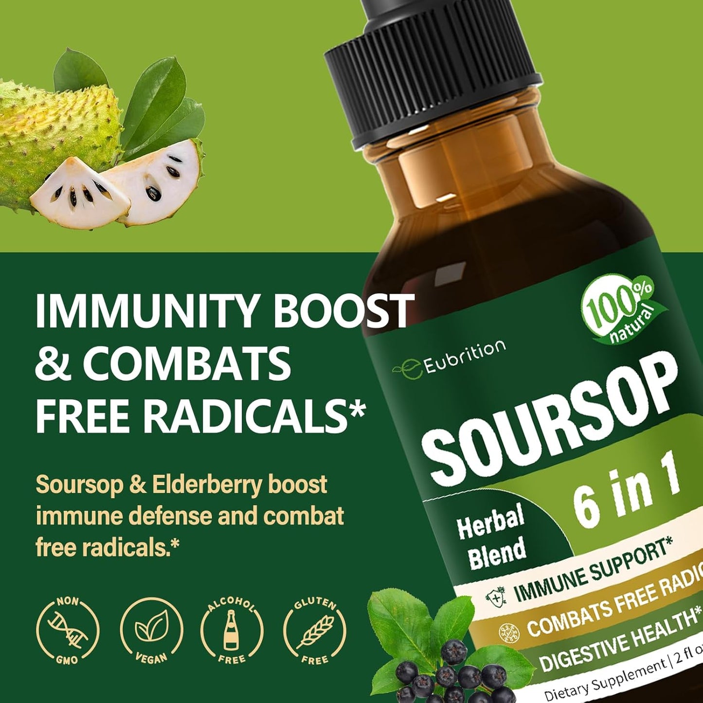 Immune System Support Drops with Soursop Leaves & Fruit Extract, Graviola Supplement with Reishi & Vitamin B6 for Digestive Health, Rich in Nutrients - 2oz