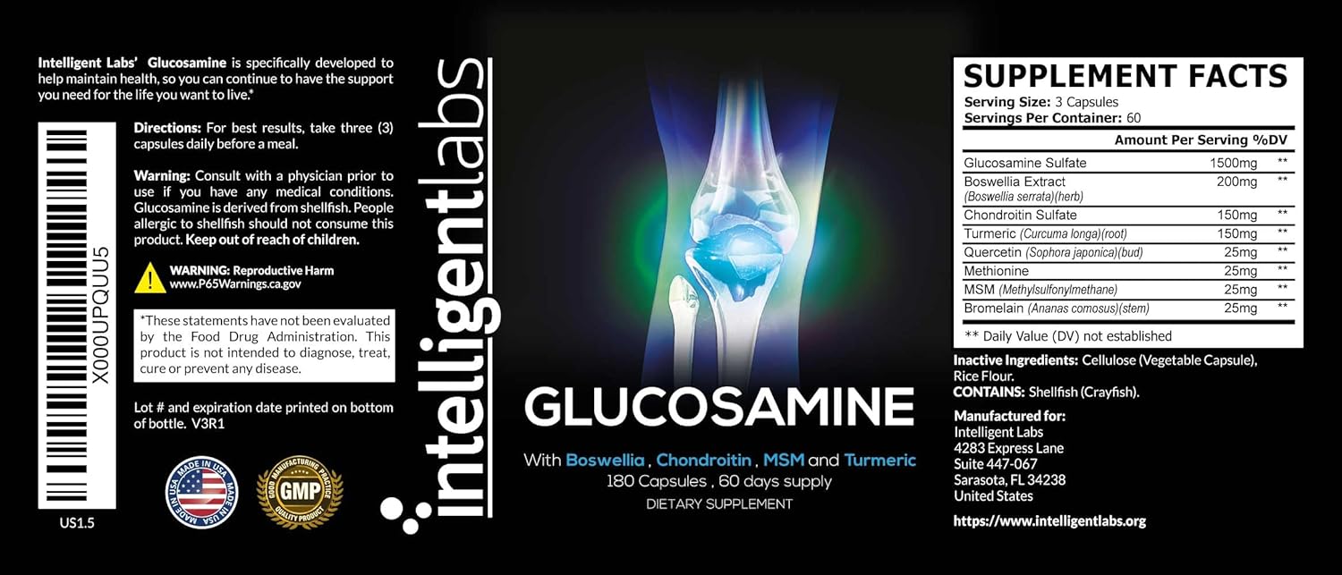 Immune System Support Joint Care Supplements | Glucosamine, Chondroitin, MSM | Turmeric, Boswellia, Quercetin | 180 Capsules