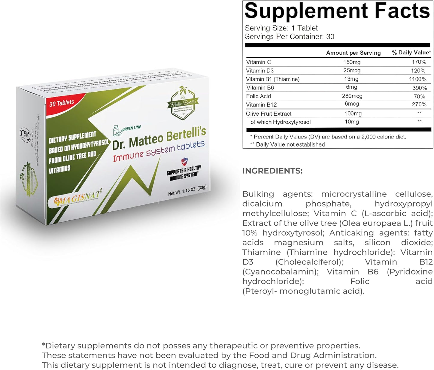 Immune System Support Supplement with Hydroxytyrosol and Vitamins - 30 Tablets by Dr. Matteo Bertelli