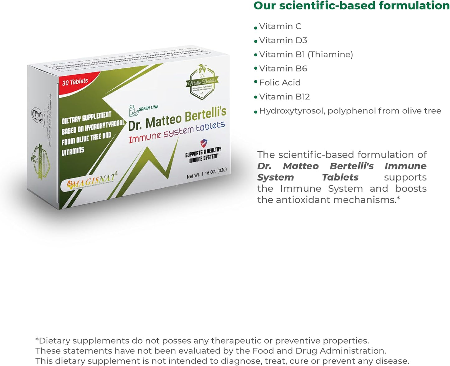 Immune System Support Supplement with Hydroxytyrosol and Vitamins - 30 Tablets by Dr. Matteo Bertelli