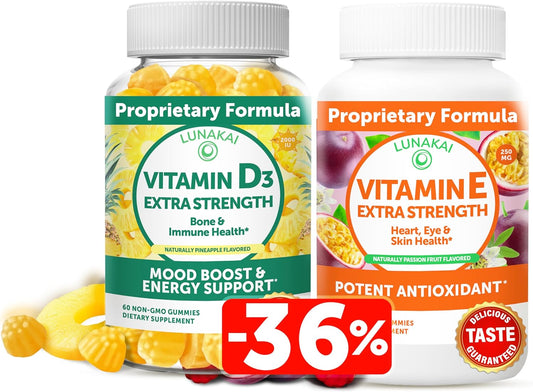 Immunity, Bone, and Mood Support Gummy Bundle with Vitamin D3 and E - 250mg 1000iu Natural Vitamin E + C Supplements