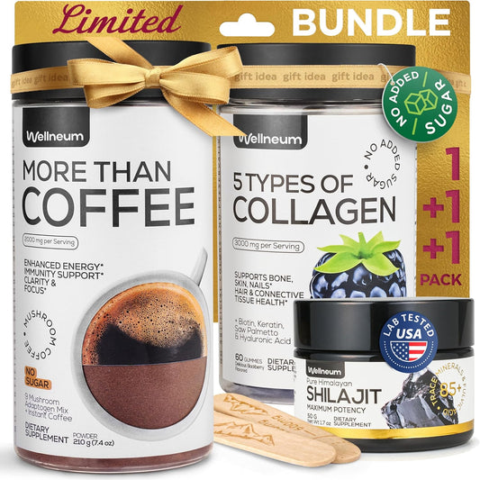 Immunity Boost Bundle: Mushroom Coffee, Shilajit Resin, Collagen Gummies - Adaptogen Mix, Trace Minerals, Peptides - Healthy Skin, Nails, Heart