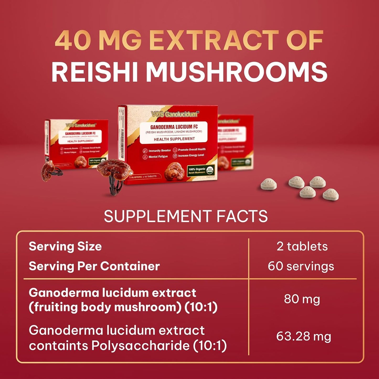 Immunity Boosting Red Reishi Mushroom Tablets, Ganoderma lucidum Extract, Natural Daily Supplement, 40mg, 60 Tablets (10 Tablets x 6 Blisters)