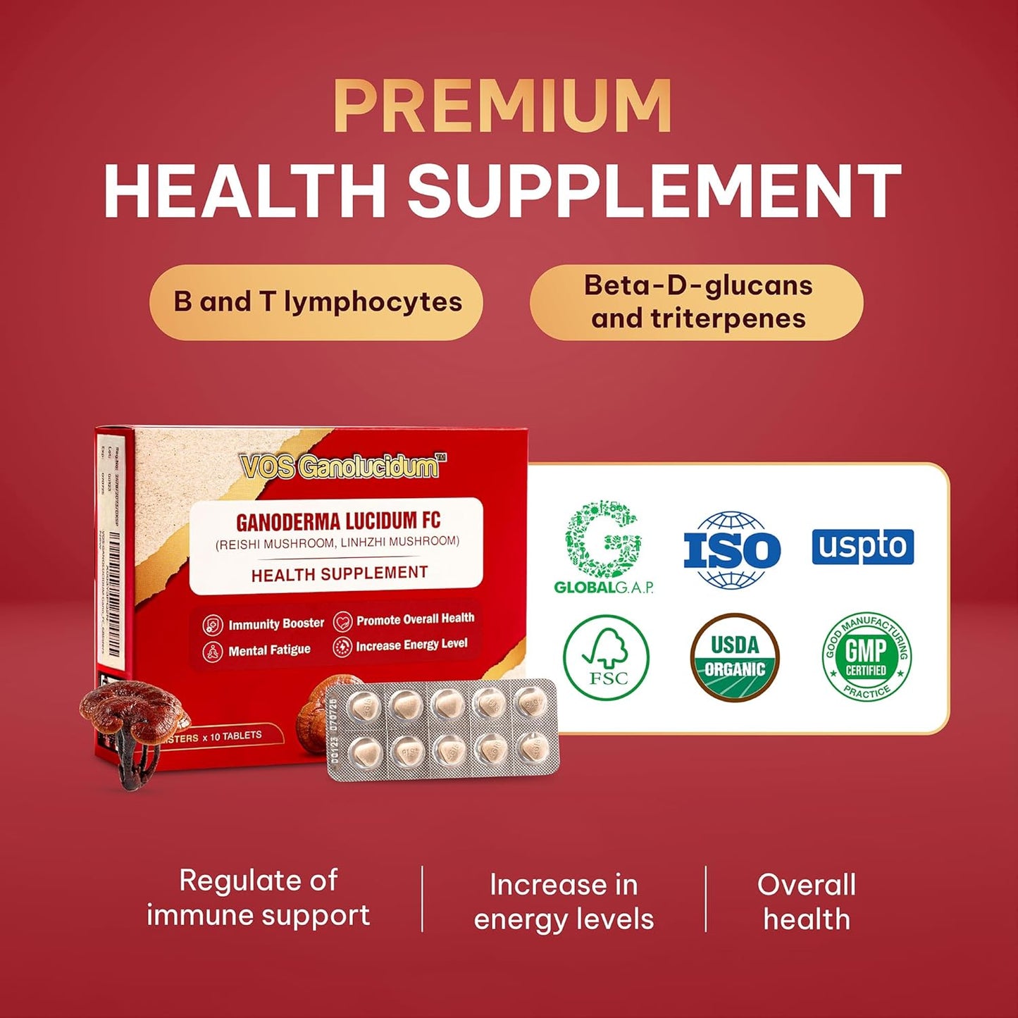 Immunity Boosting Red Reishi Mushroom Tablets, Ganoderma lucidum Extract, Natural Daily Supplement, 40mg, 60 Tablets (10 Tablets x 6 Blisters)