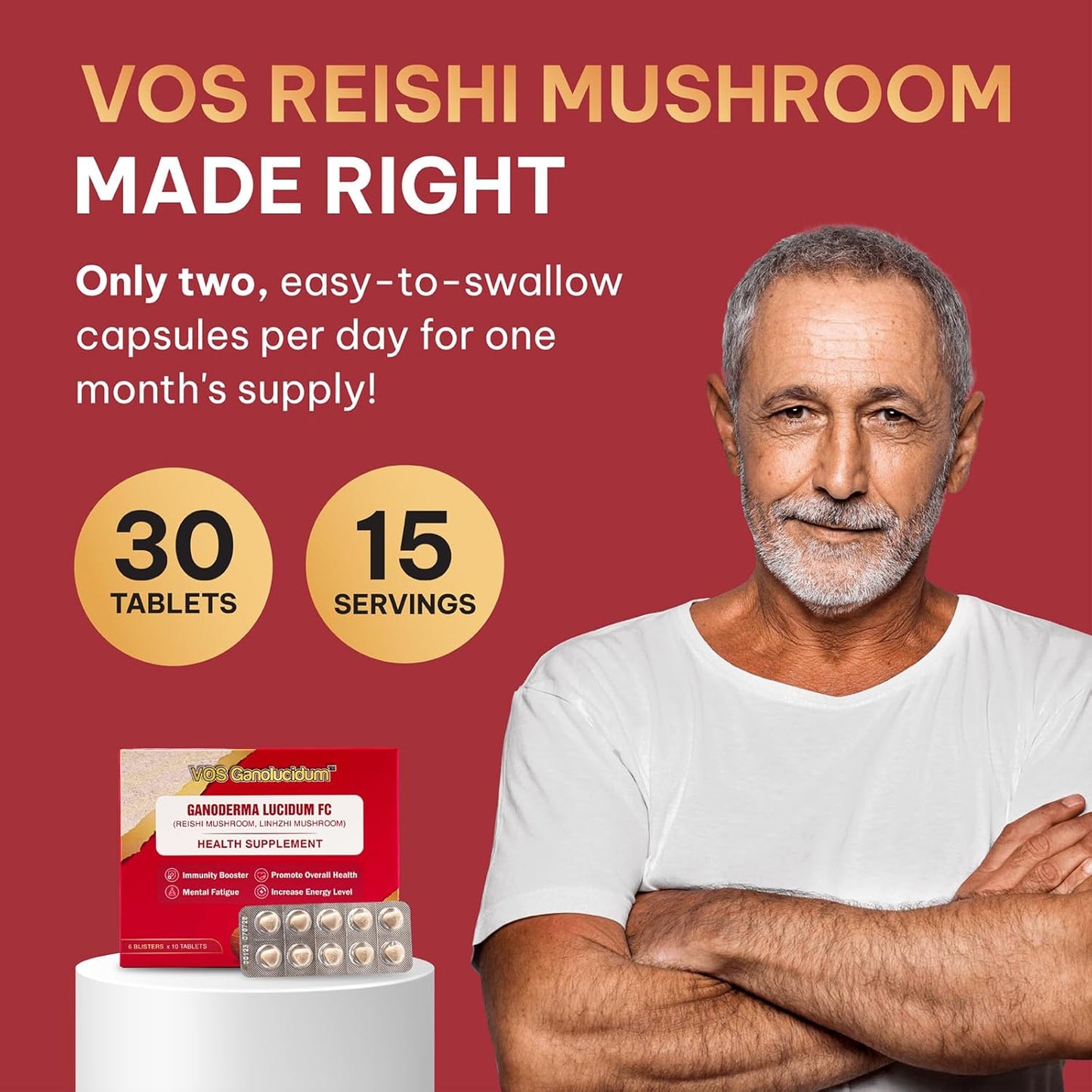 Immunity Boosting Red Reishi Mushroom Tablets, Ganoderma lucidum Extract, Natural Daily Supplement, 40mg, 60 Tablets (10 Tablets x 6 Blisters)
