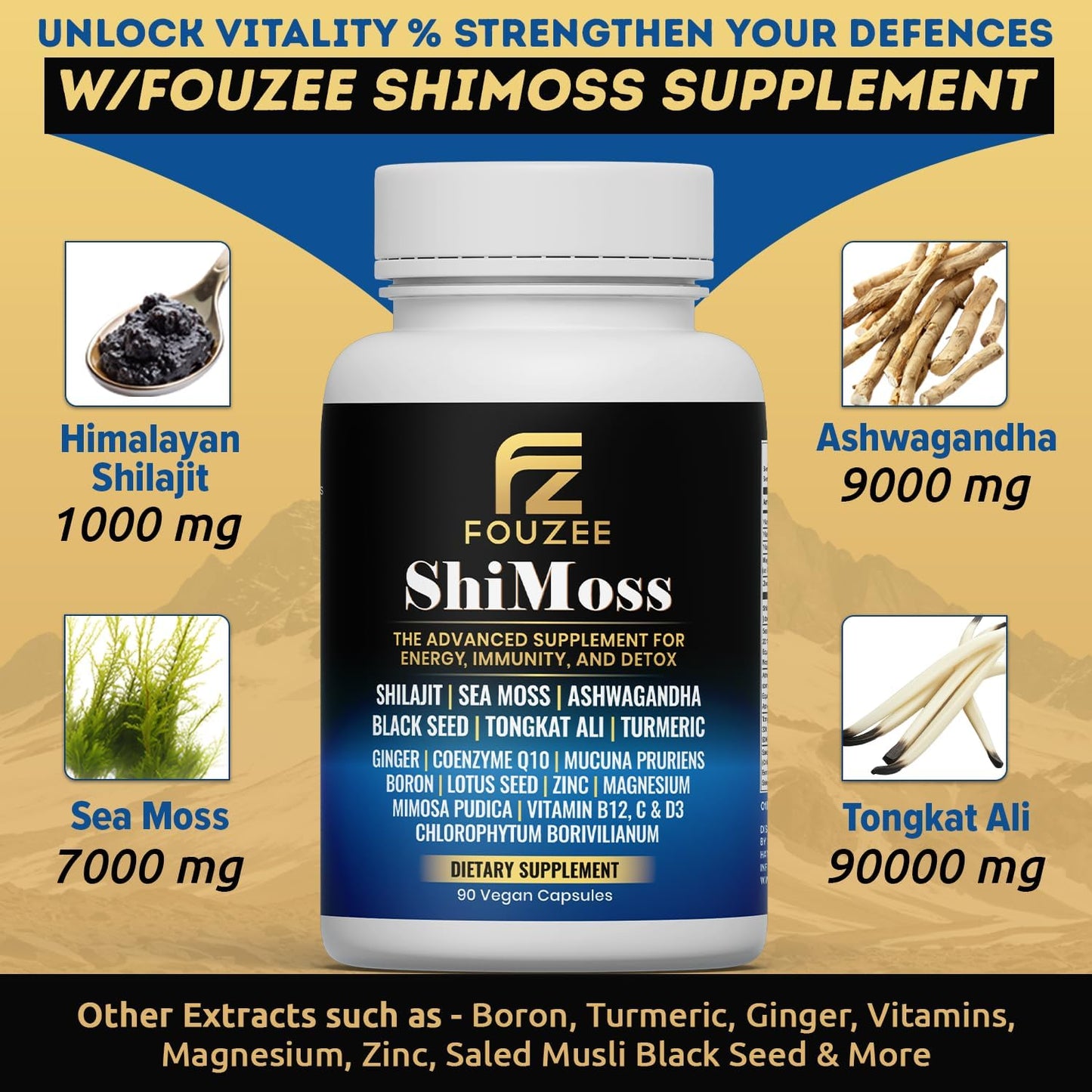 Immunity Boosting ShiMoss Supplement Capsules with Shilajit, Sea Moss, Ashwagandha, Tongkat Ali, Vitamins, and Minerals for Men & Women - 90 Count