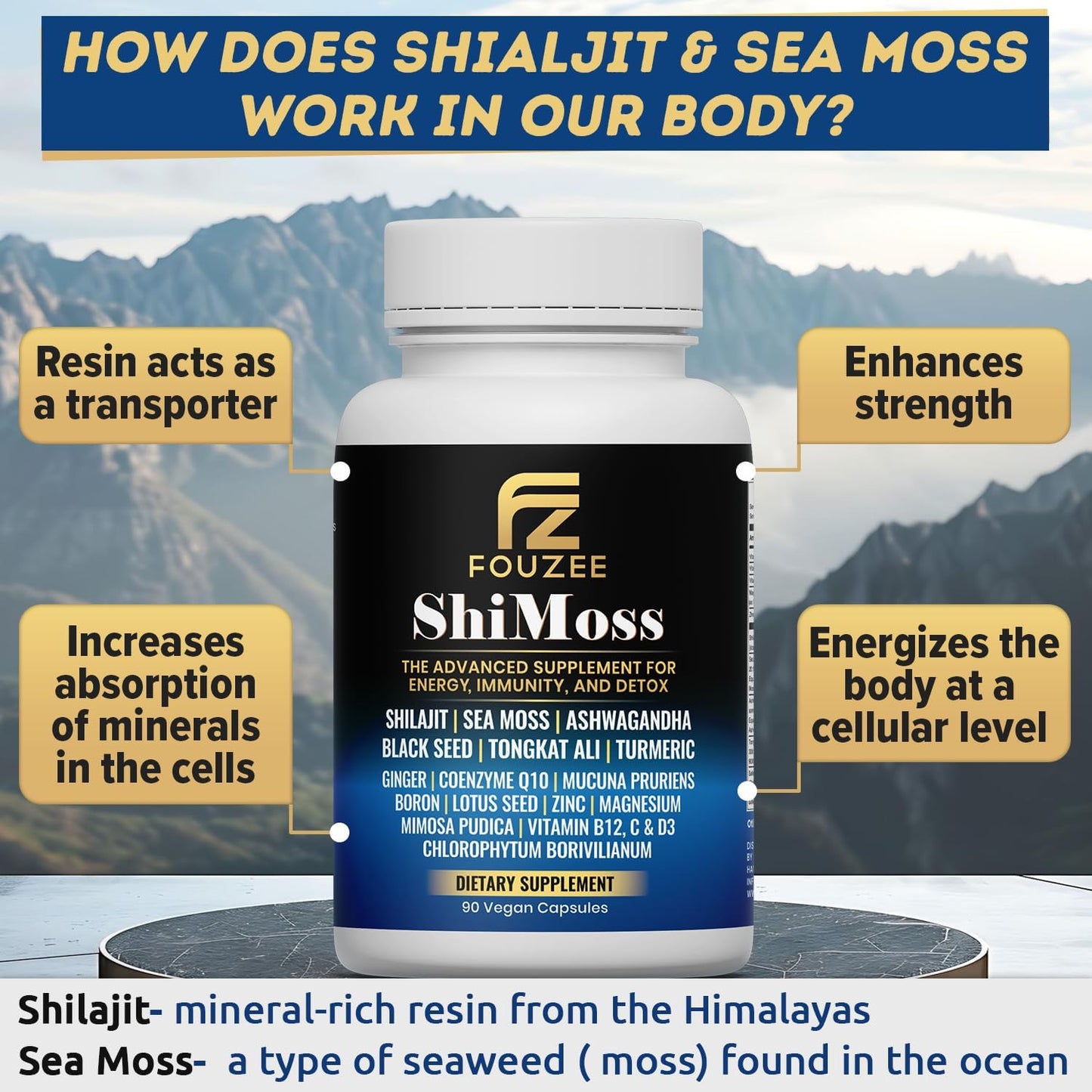 Immunity Boosting ShiMoss Supplement Capsules with Shilajit, Sea Moss, Ashwagandha, Tongkat Ali, Vitamins, and Minerals for Men & Women - 90 Count