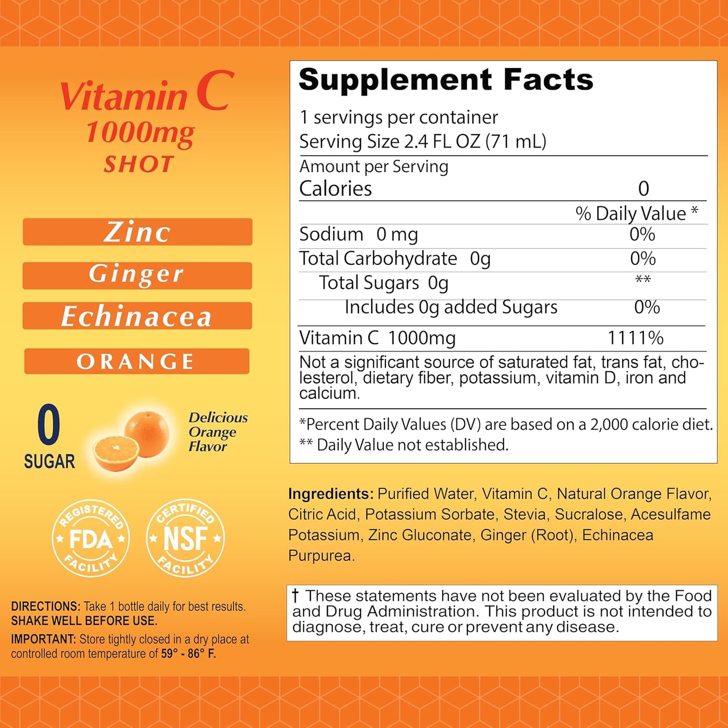 Immunity Boosting Vitamin C Shot with Zinc, Ginger, Echinacea - Cold Fighter - Orange Flavor - 1000MG - 20 Pack