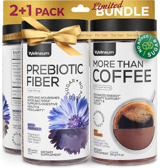 Immunity & Gut Health Bundle: Mushroom Coffee + High Fiber Gummies - 9 Mushroom Adaptogens, 7g Fiber, Probiotics - Men & Women, Instant Coffee & Fiber Chews