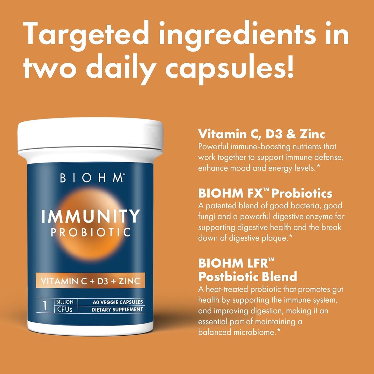 Immunity Probiotic with Vitamin C, D3, Zinc, 5 Billion CFU, Non-GMO, Vegan, 60 Capsules for Women and Men