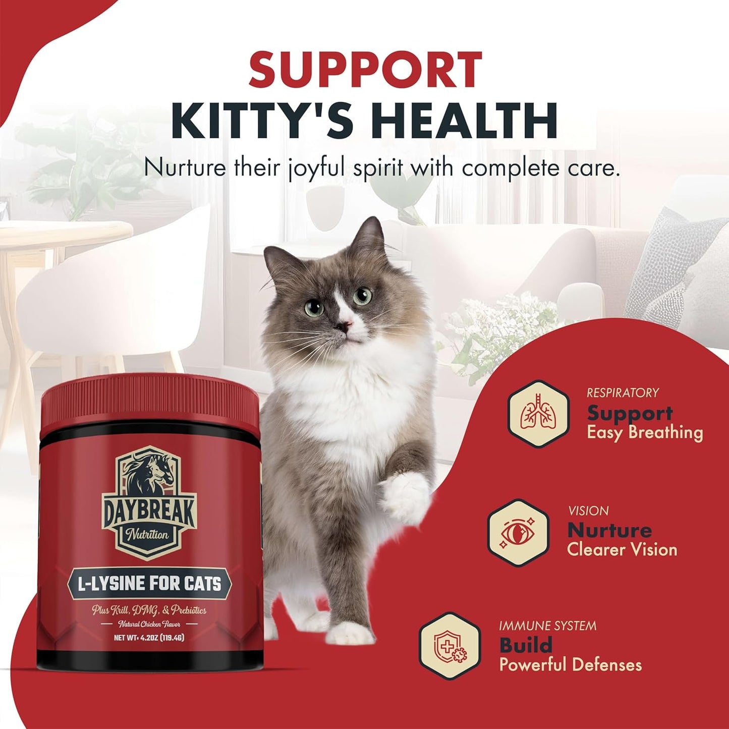 Immunity & Respiratory Support for Cats - L-Lysine Powder Supplement with Prebiotics, Krill, & DMG - Promotes Immune System, Eye Health, & Reduces Sneezing