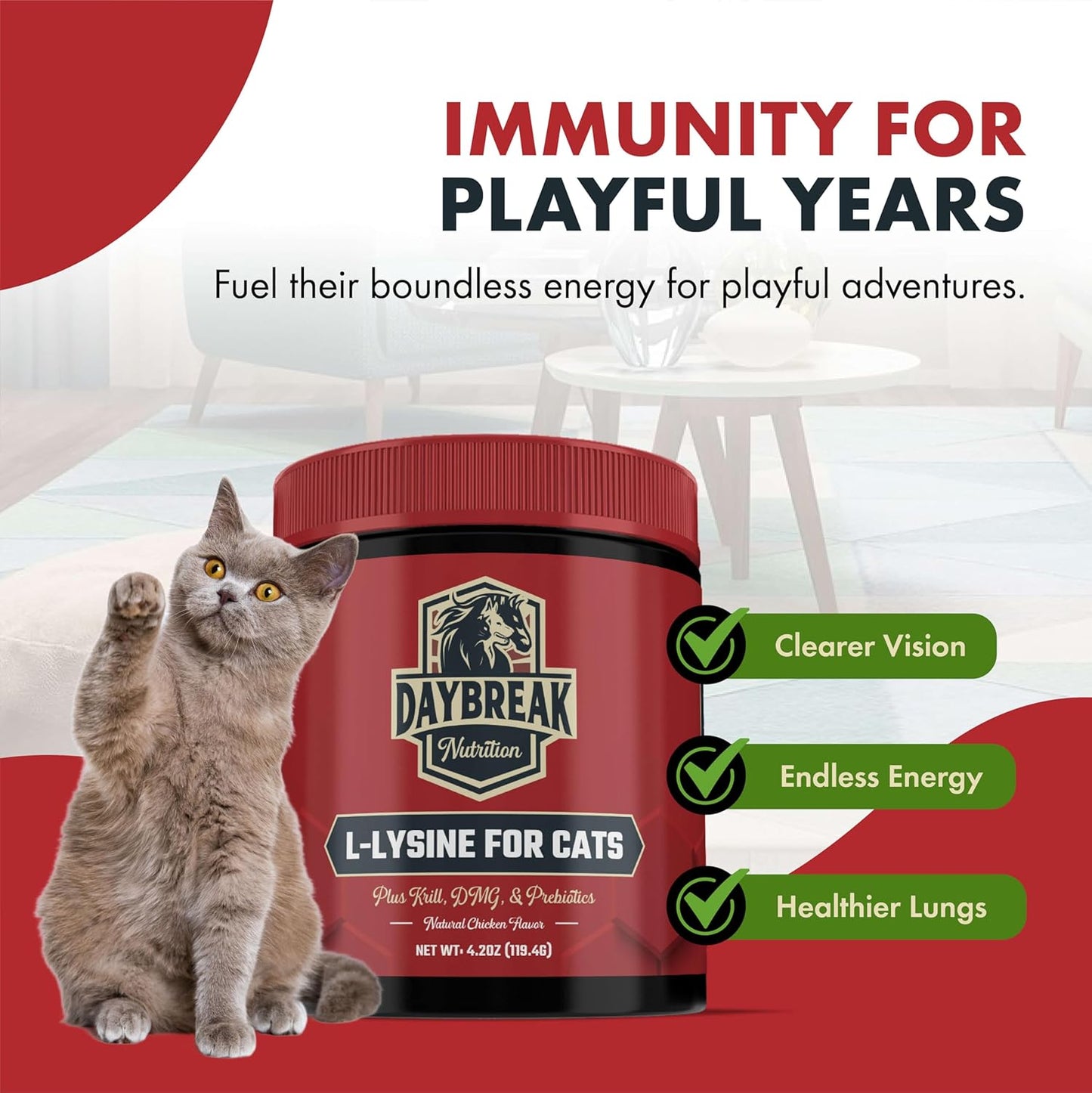 Immunity & Respiratory Support for Cats - L-Lysine Powder Supplement with Prebiotics, Krill, & DMG - Promotes Immune System, Eye Health, & Reduces Sneezing