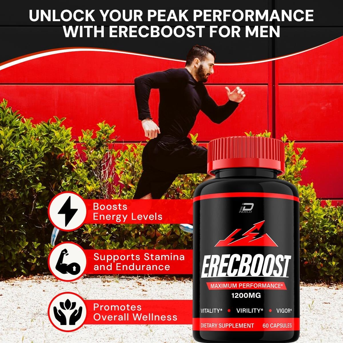 Indelo Erecboost Men's Capsules - Official Erecboost Vitamin Complex Dietary Supplement - All Natural Support Formula - 60 Capsules