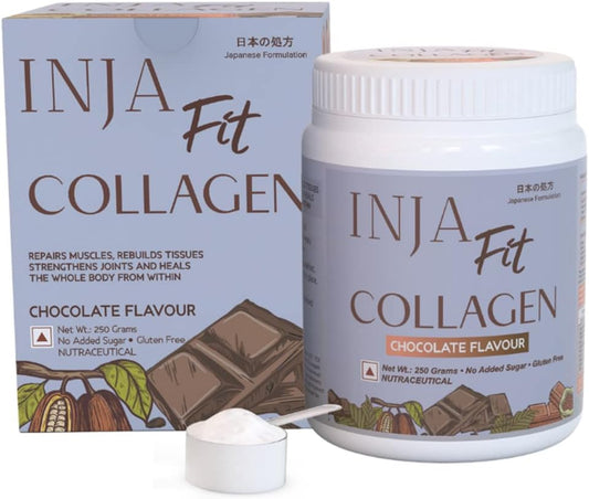 INJA Wellness Fit Marine Collagen Powder with Vitamin C for Healthy Joints, Muscles, Skin & Hair - Chocolate Flavor, 250g