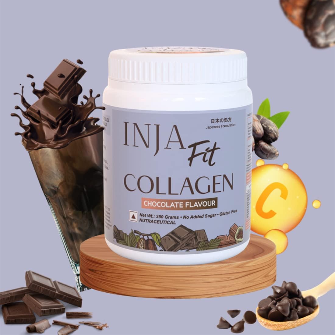 INJA Wellness Fit Marine Collagen Powder with Vitamin C for Healthy Joints, Muscles, Skin & Hair - Chocolate Flavor, 250g
