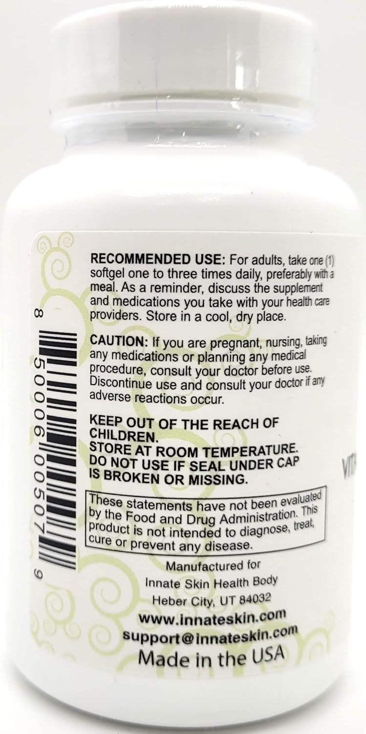 Innate Skin Health Clear Skin Acne Vitamin Gel Capsules with Evening Primrose Oil - 60 Caps - All Natural Skin Nutrition Supplement