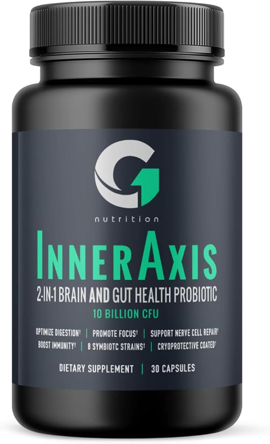 InnerAxis 2-in-1 Probiotic for Brain and Gut Health, 10 Billion CFU, 8 Strains, Psychobiotic, Mood Support, Acidophilus, Men and Women, 30 Servings