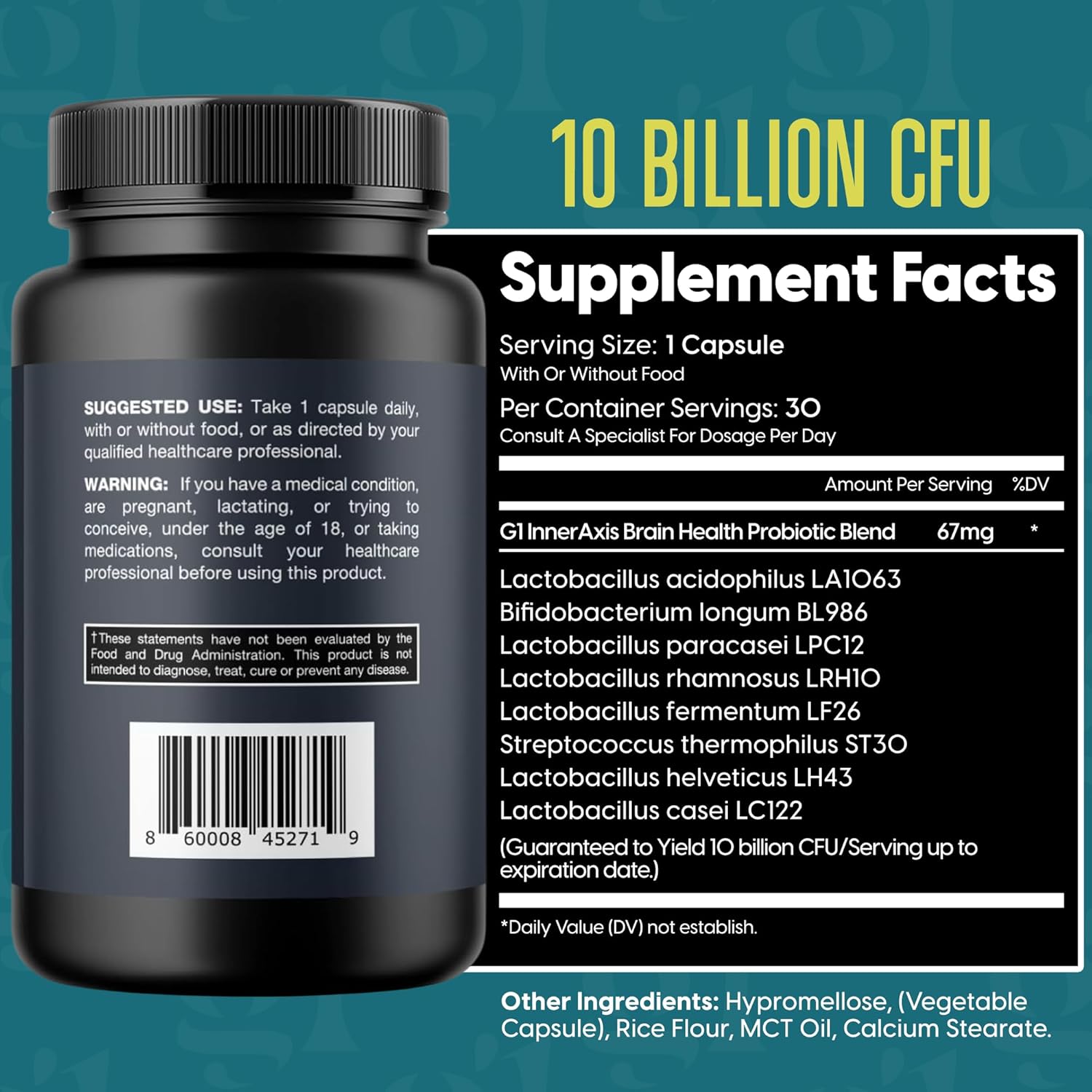 InnerAxis 2-in-1 Probiotic for Brain and Gut Health, 10 Billion CFU, 8 Strains, Psychobiotic, Mood Support, Acidophilus, Men and Women, 30 Servings