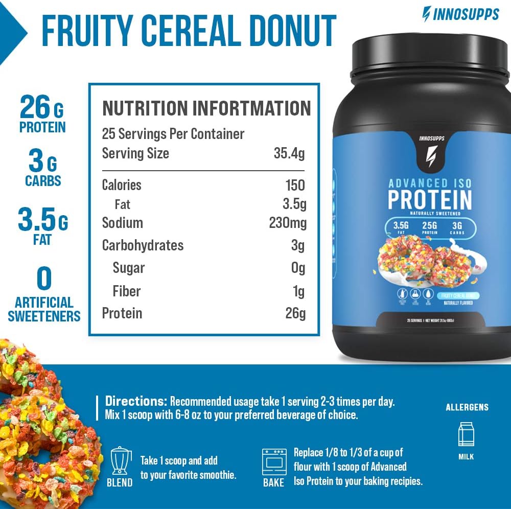 Inno Supps Advanced Iso Protein Powder - 100% Whey Isolate, Fruity Cereal Donut Flavor - Low Fat, Low Carb, No Artificials - 25g Protein - Hormone, Gluten, Soy Free