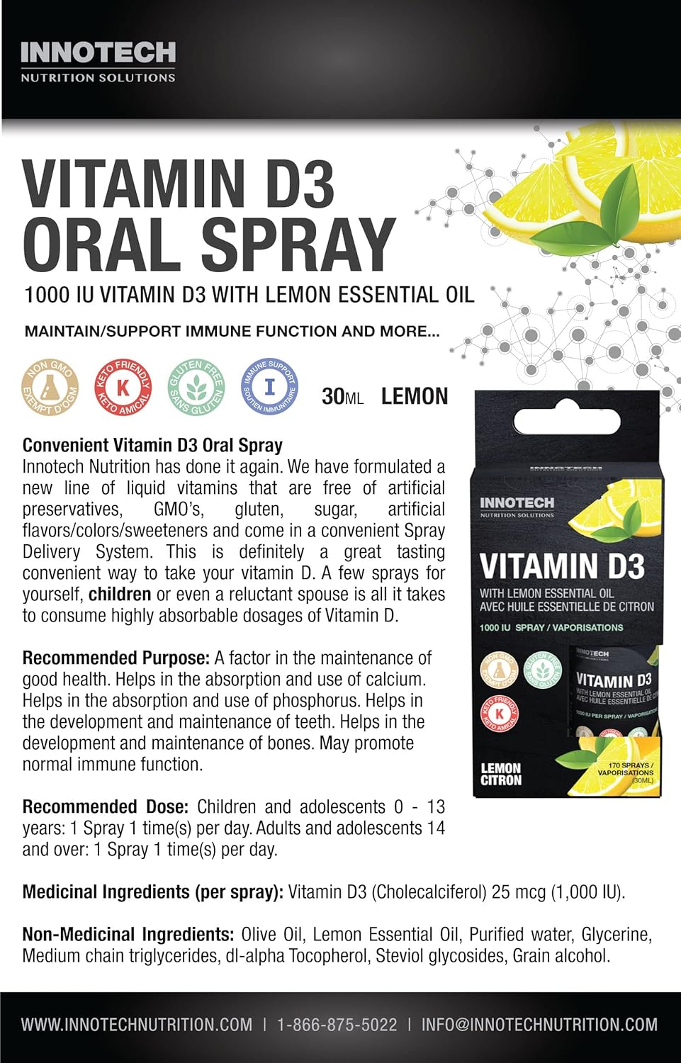 INNOTECH Nutrition Lemon Flavour Vitamin D3 Oral Spray - 30 ml