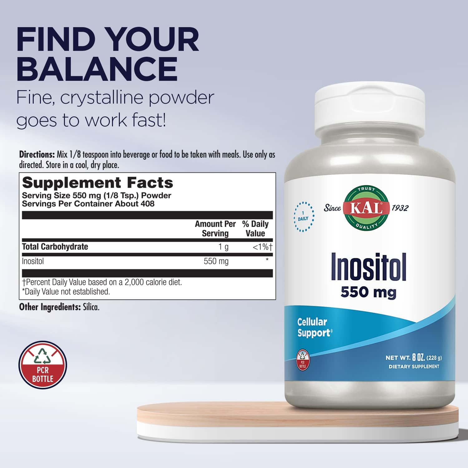 Inositol Powder 550mg for Brain, Nervous System, and Mood Support - Enhanced Absorption Formula, Easy to Mix - 8oz, 408 Servings