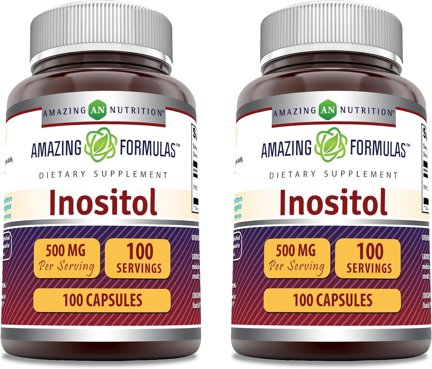 Inositol Supplement 500mg 100 Capsules Non-GMO Gluten Free USA Made - Pack of 2