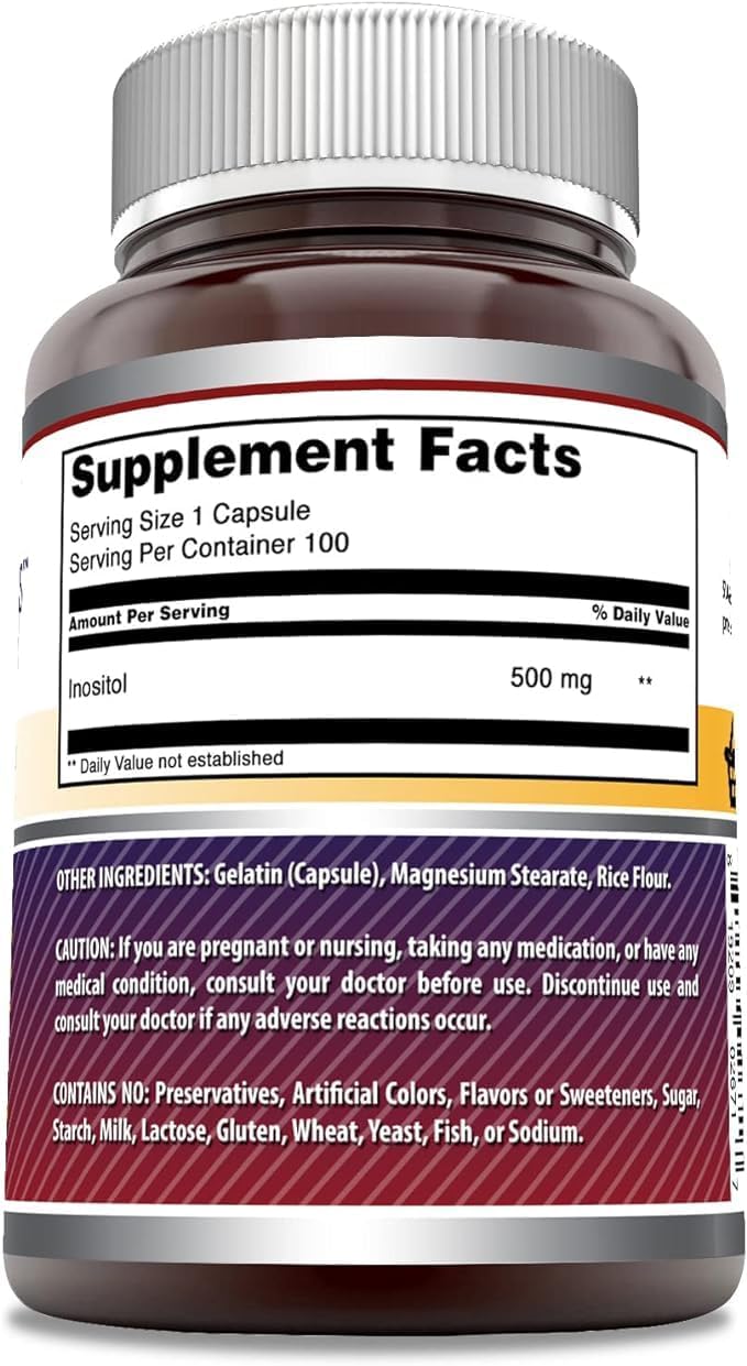 Inositol Supplement 500mg 100 Capsules Non-GMO Gluten Free USA Made - Pack of 2