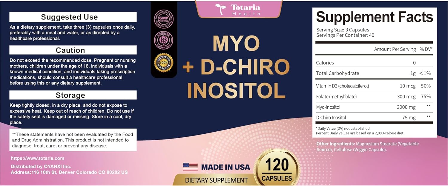 Inositol Supplement with Myo-Inositol, D-Chiro Inositol, Vitamin D3, and Folate -  Capsules for Improved Health