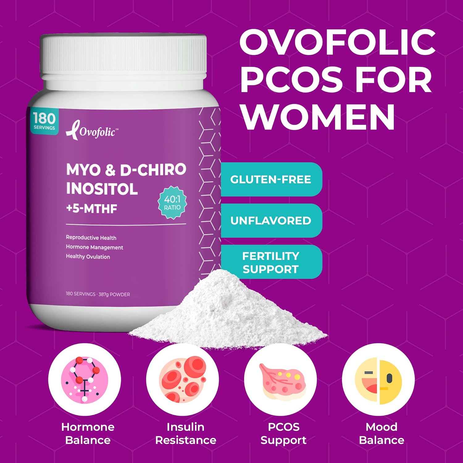 Inositol Supplement with Myo-Inositol, D-Chiro Inositol, and Folate for Hormone Balance - 180 Servings