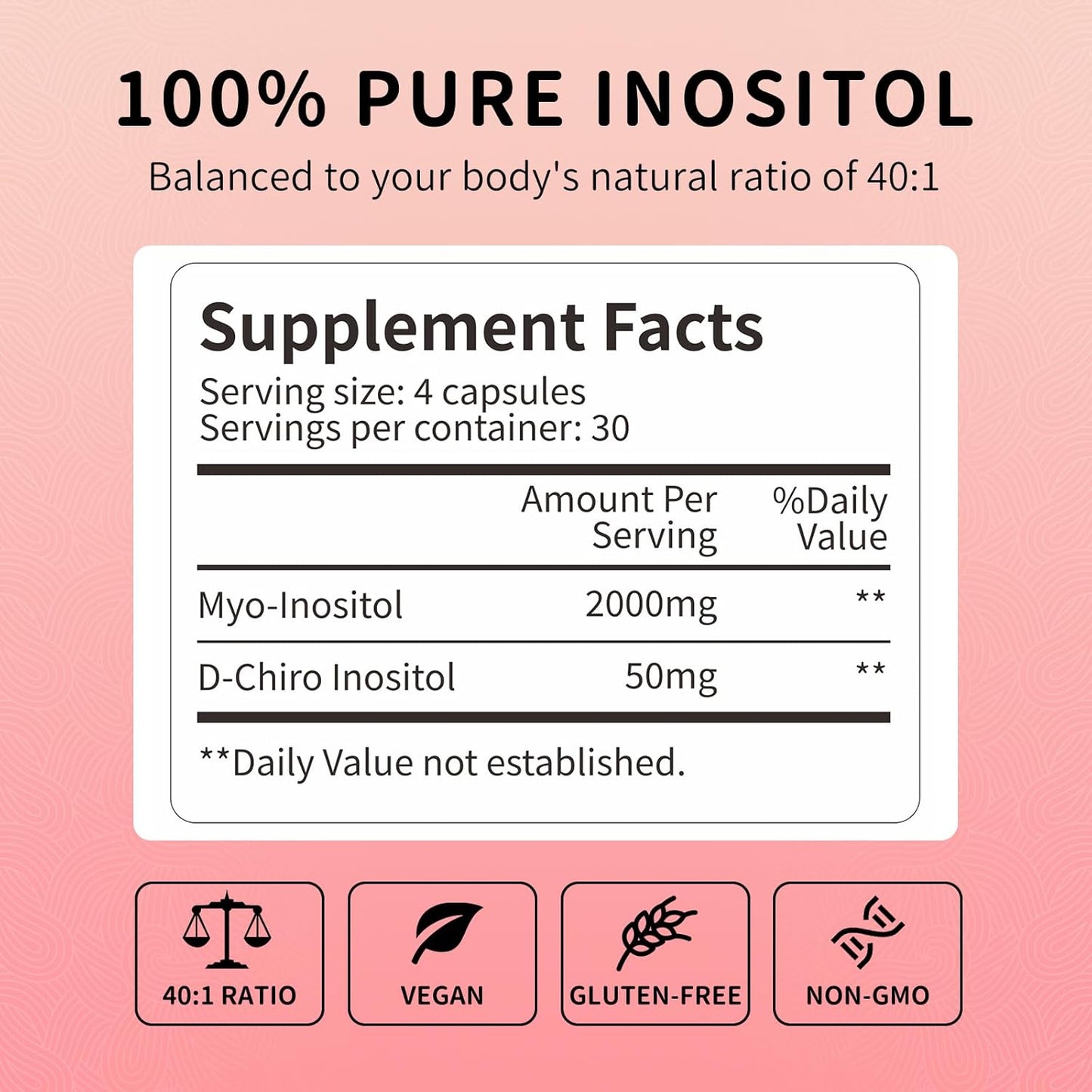 Inositol Supplement with Myo-Inositol & D-Chiro Inositol 40:1 Ratio for Hormonal Balance - 120 Vegan Capsules, 30-Day Supply