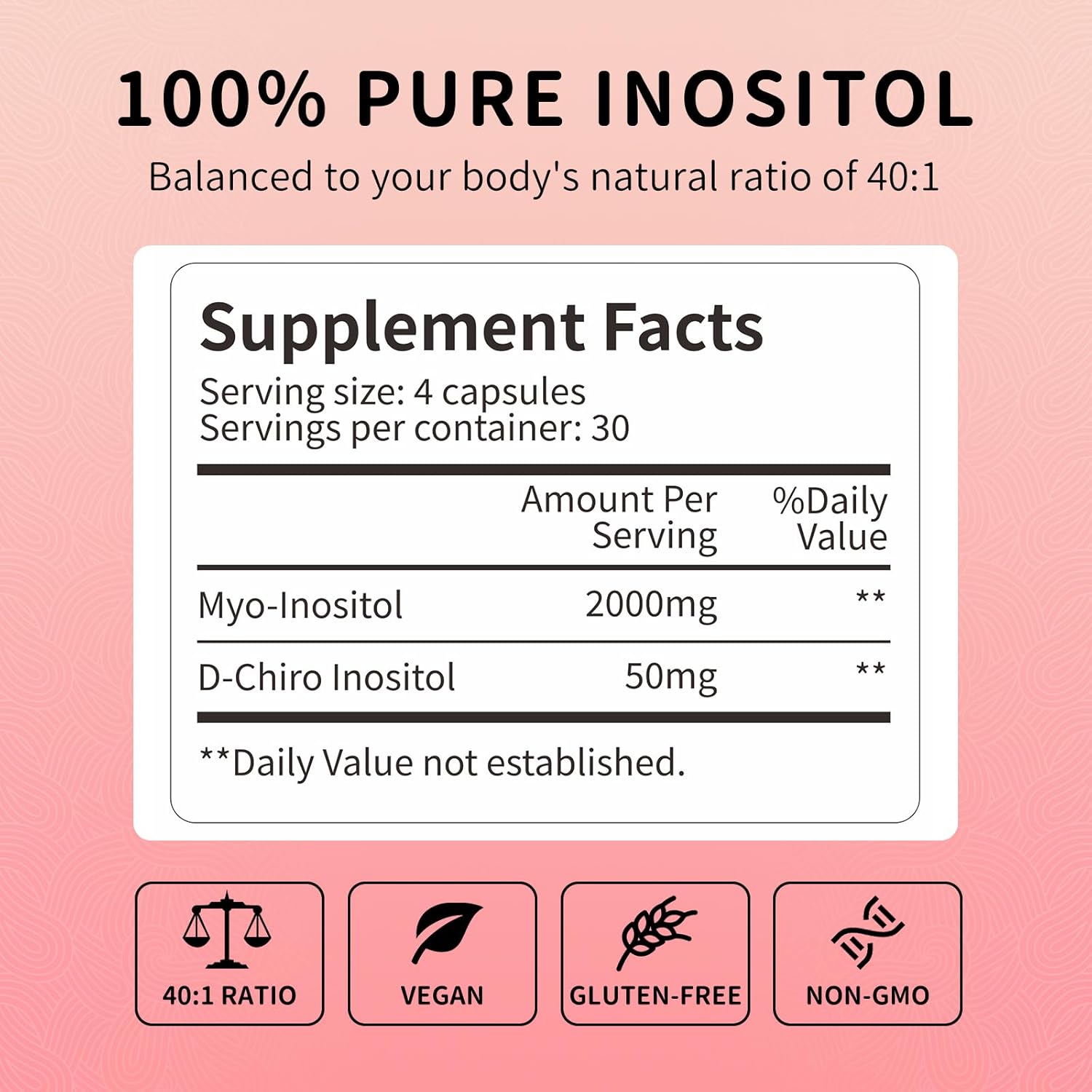 Inositol Supplement with Myo-Inositol & D-Chiro Inositol 40:1 Ratio for Hormonal Balance - 120 Vegan Capsules, 30-Day Supply